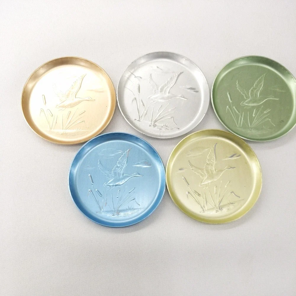 Vintage Anodized Aluminum Coaster Set Multicolor Embossed Duck 5pc 3.5in